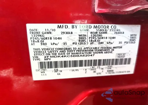 2011 Ford Edge Limited z USA, uszkodzony, nr VIN 2FMDK4KC5BBA62047